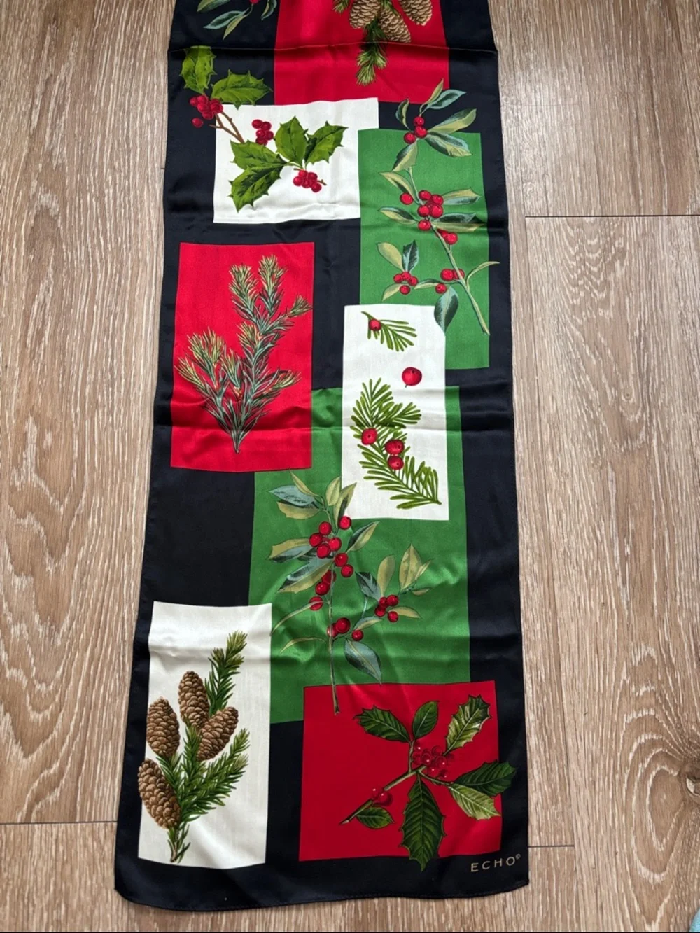 Vintage Echo silk scarf, Christmas/Holiday/Winter berry & holly print 11”x53”